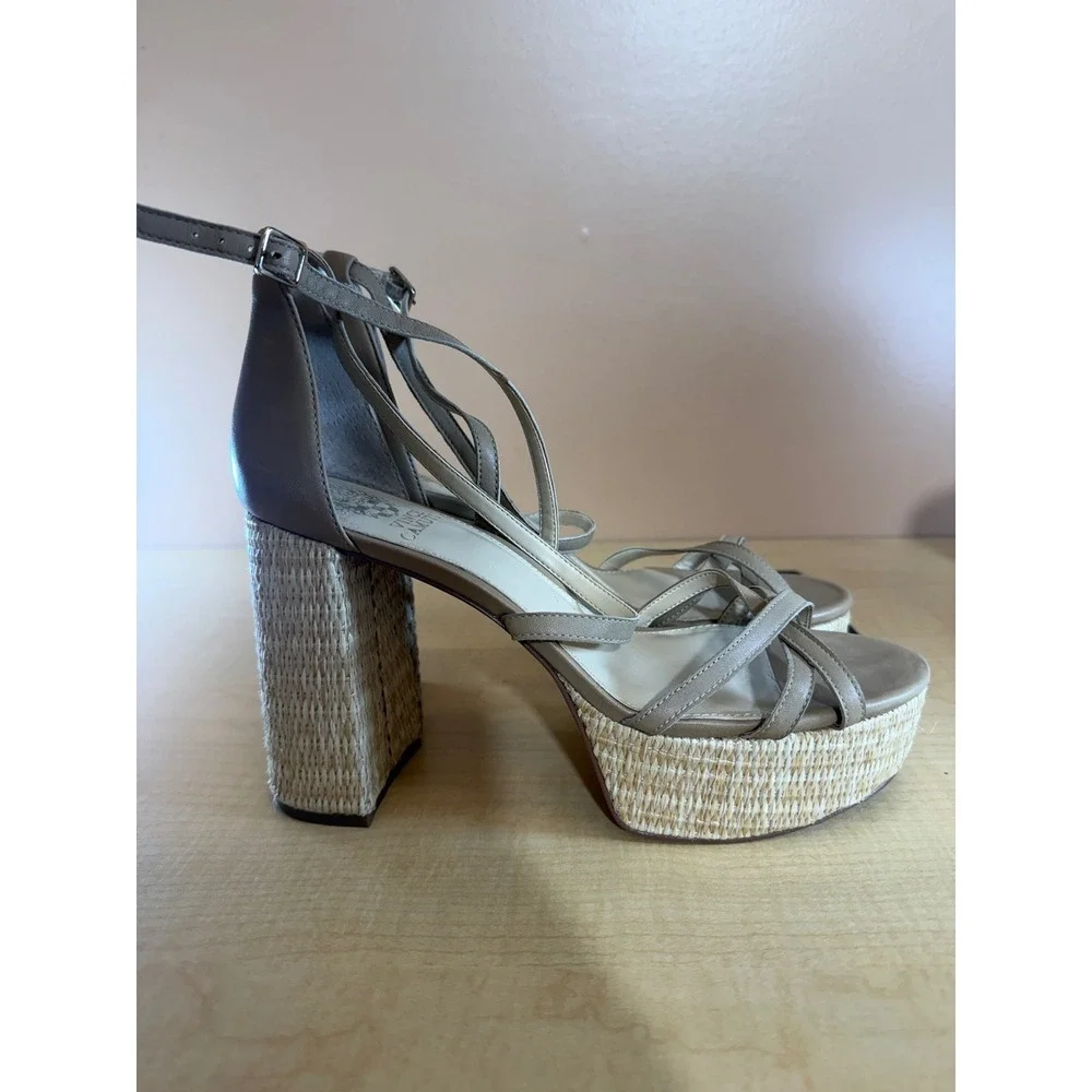 Vince Camuto Garnitta Tan Leather Raffia Platform Block Heel Sandals Womens 10M